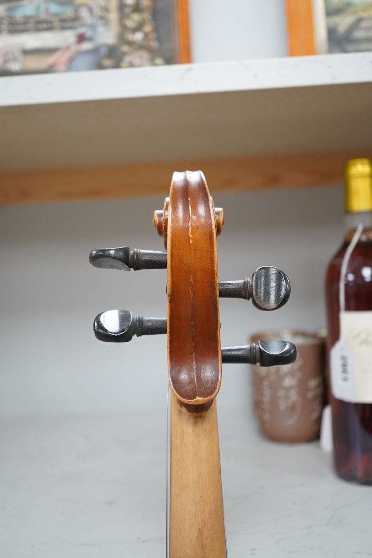 A mid 20th century cased Czech viola 15.25” body, with a fully mounted octagonal bow with plastic tip plate